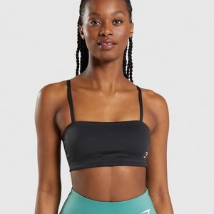 Gymshark Bandeau Sports Bra in black, size small.